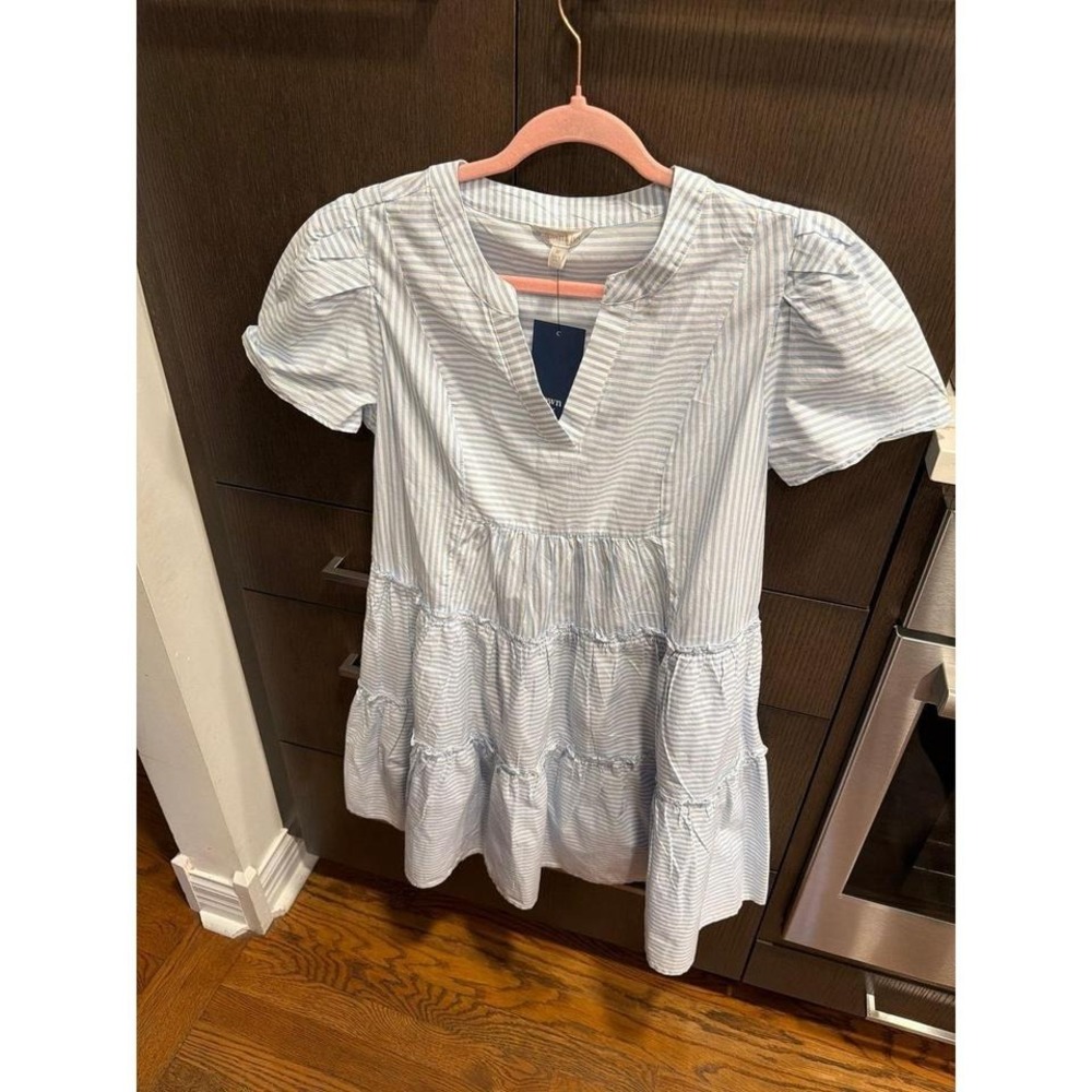 Crown & Ivy blue and white striped tiered mini dress women's medium new